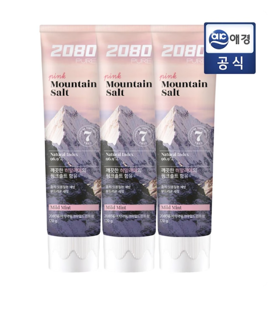 2080 히말라야 퓨어마운틴 솔트치약120g 3입X4개(핑크,크리스탈)